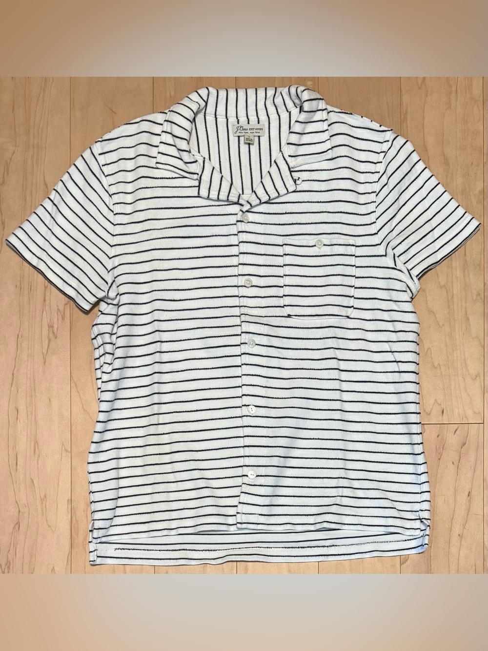 J. Crew Terry Loop Collar Camp Shirt White Blue Striped Beach Towel Men’s Small